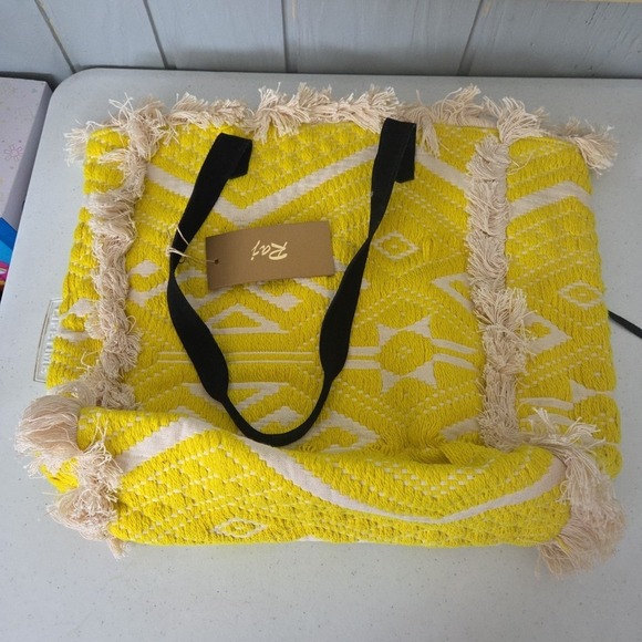 Raj Anthropology Yellow Black Fringe Embrodiered Leather Shoulder Bag Tote Purse - Picture 14 of 16